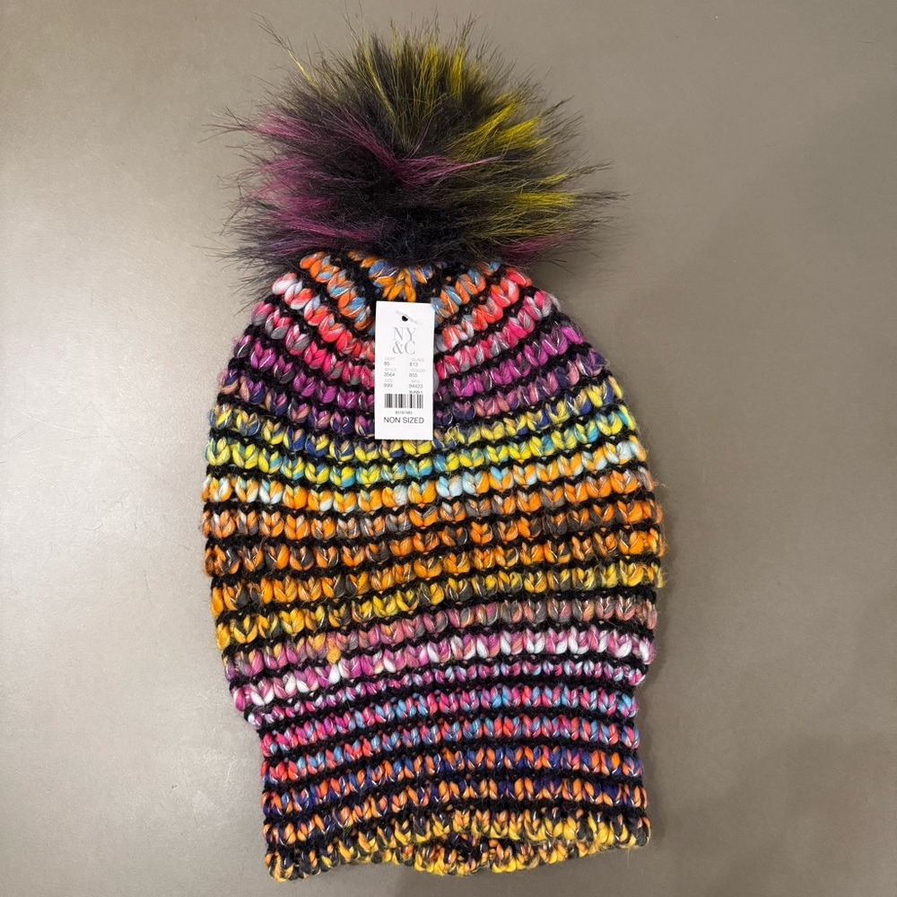 NWT New York & Company Colorful Knit Beanie with Pom Pom